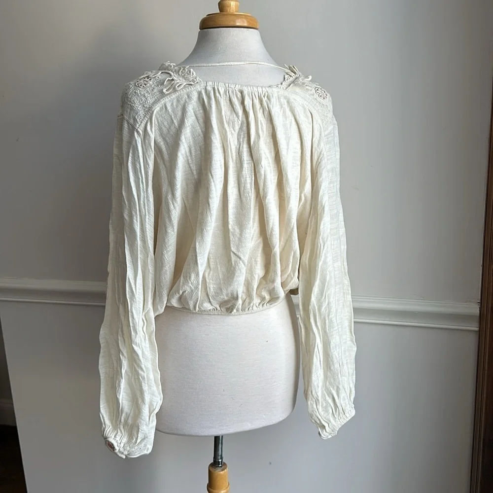 Free people, blouson peasant style top lace, beads embroidery cream small EUC